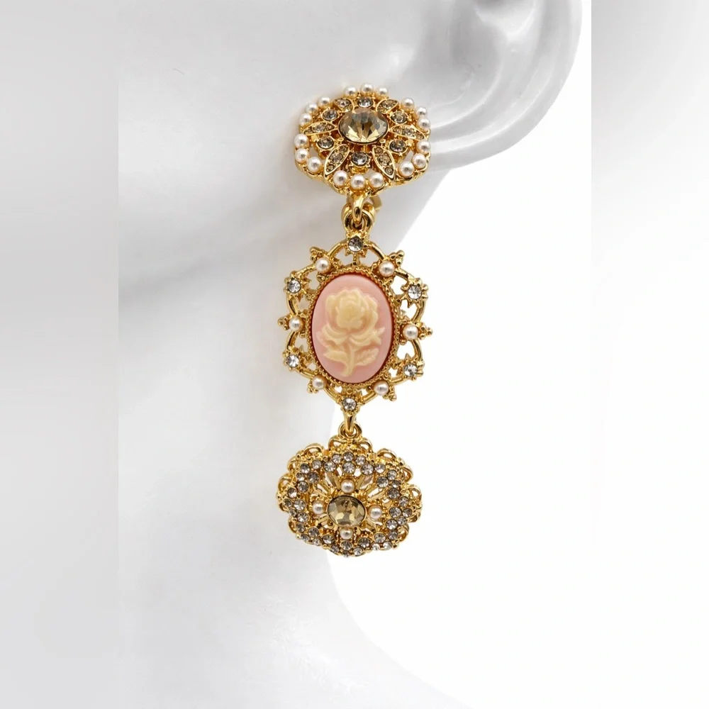 Marchesa Elegant Gold Cameo Rose Drop Earrings w/ Pearls & Crystals - Picture 2 of 16
